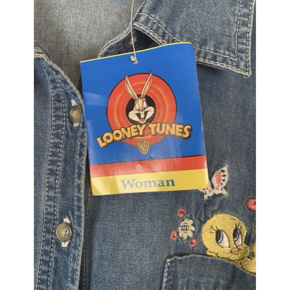 Warner Bro Looney-Tunes 1998 Chambray Embroidered Denim Button Up Shirt 26W/28W - Picture 3 of 9
